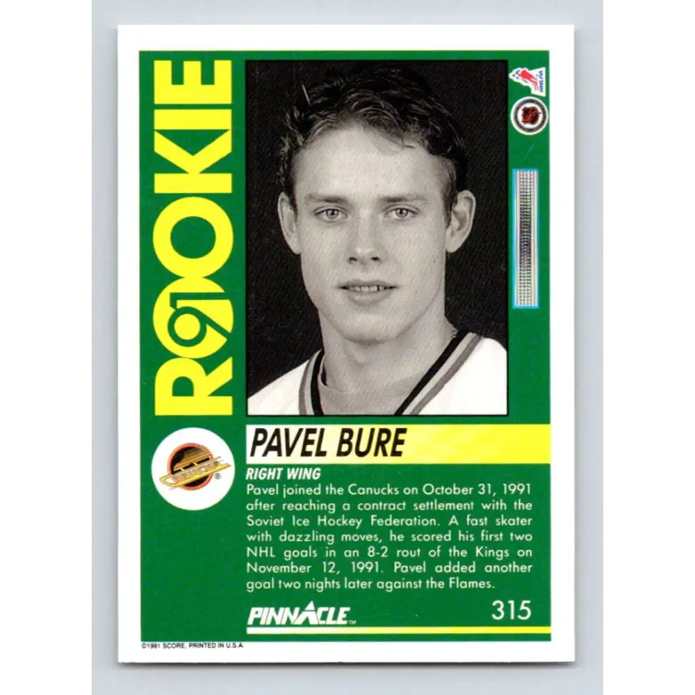 1991-92 Pinnacle #315 Pavel Bure NM-MT Vancouver Canucks Hockey Card Image 2