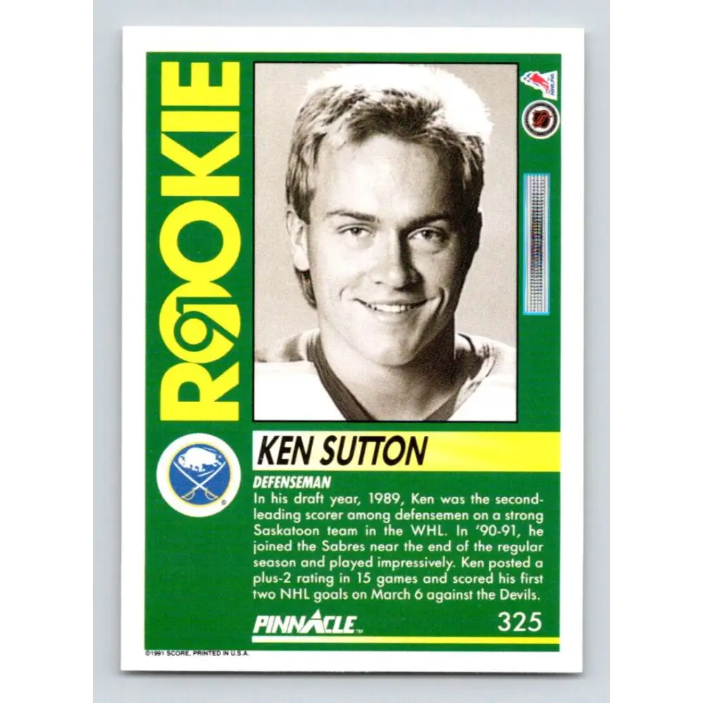 1991-92 Pinnacle #325 Ken Sutton NM-MT RC Rookie Buffalo Sabres Hockey Card Image 2