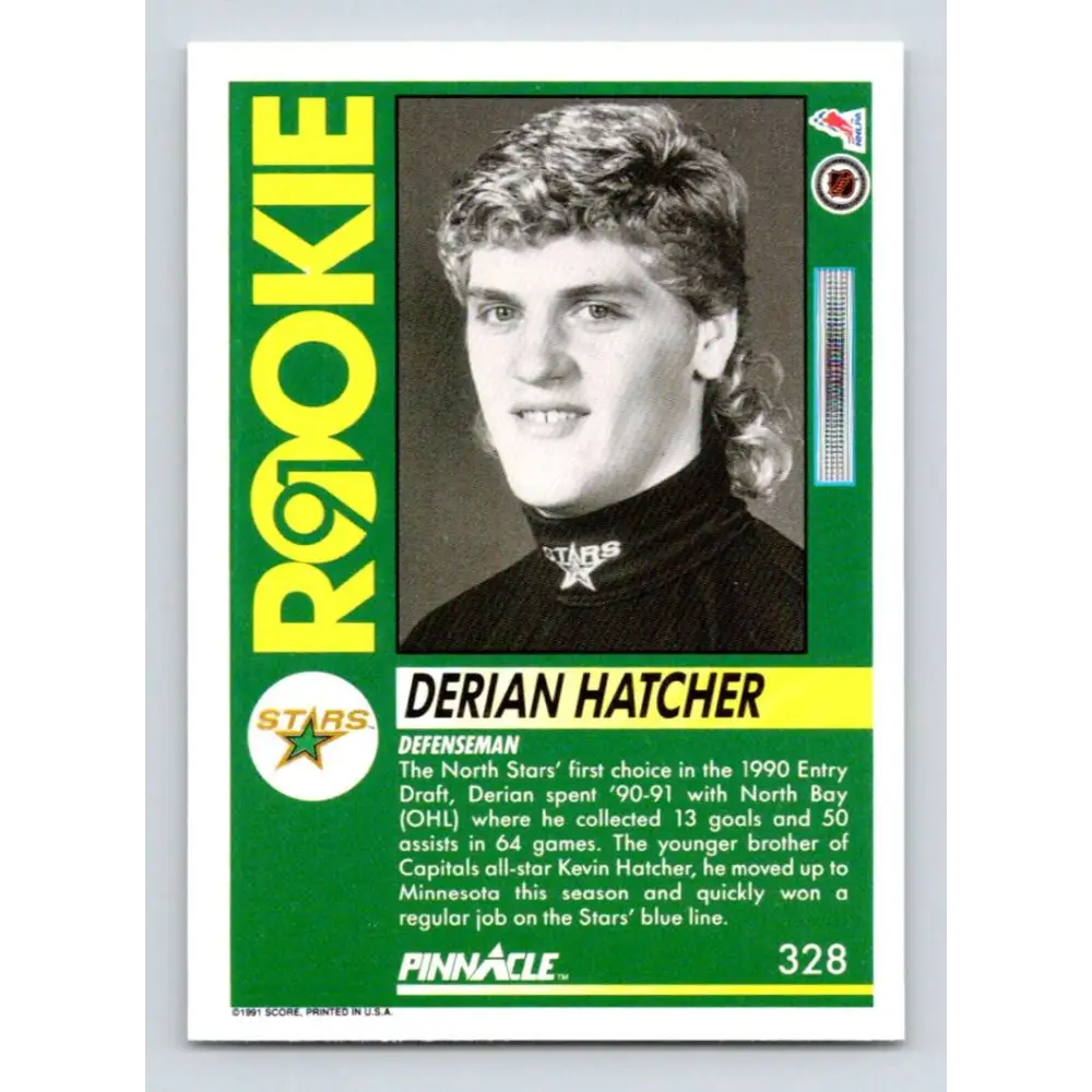 1991-92 Pinnacle #328 Derian Hatcher NM-MT Minnesota North Stars Hockey Card Image 2