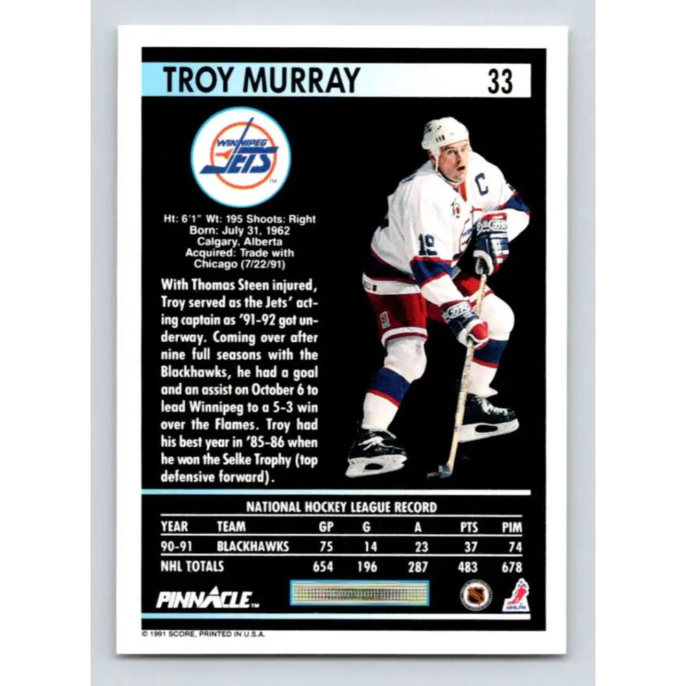 1991-92 Pinnacle #33 Troy Murray NM-MT Winnipeg Jets Hockey Card Image 2
