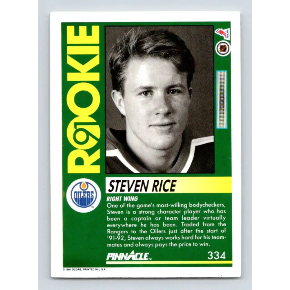 1991-92 Pinnacle #334 Steven Rice NM-MT Edmonton Oilers Hockey Card Image 2