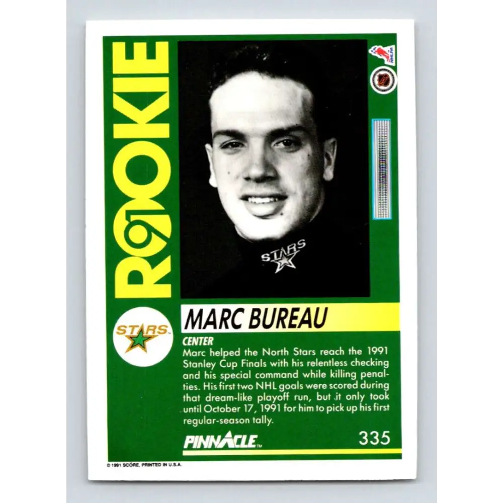 1991-92 Pinnacle #335 Marc Bureau NM-MT Minnesota North Stars Hockey Card Image 2