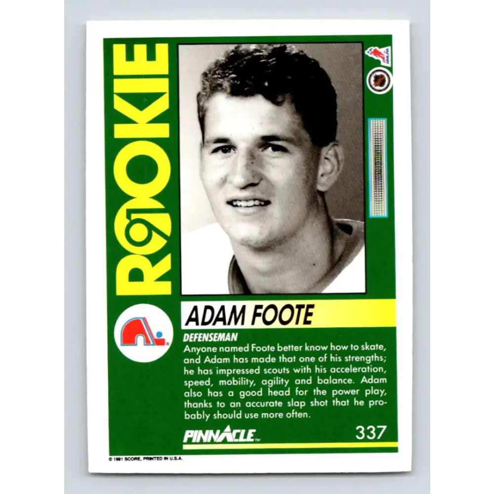 1991-92 Pinnacle #337 Adam Foote NM-MT RC Rookie Quebec Nordiques Hockey Card Image 2