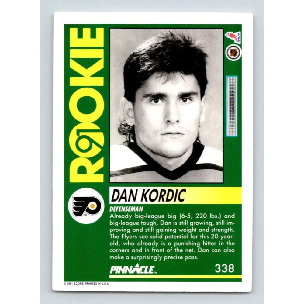 1991-92 Pinnacle #338 Dan Kordic NM-MT RC Rookie Philadelphia Flyers Hockey Card Image 2