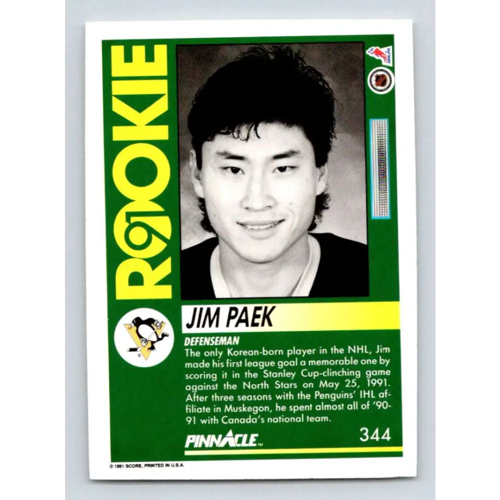 1991-92 Pinnacle #344 Jim Paek NM-MT RC Rookie Pittsburgh Penguins Hockey Card Image 2