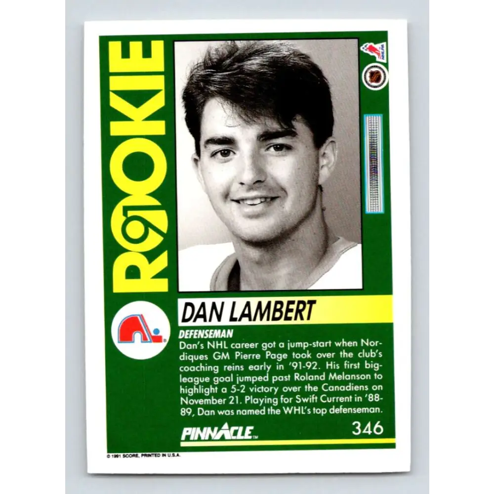1991-92 Pinnacle #346 Dan Lambert NM-MT RC Rookie Quebec Nordiques Hockey Card Image 2