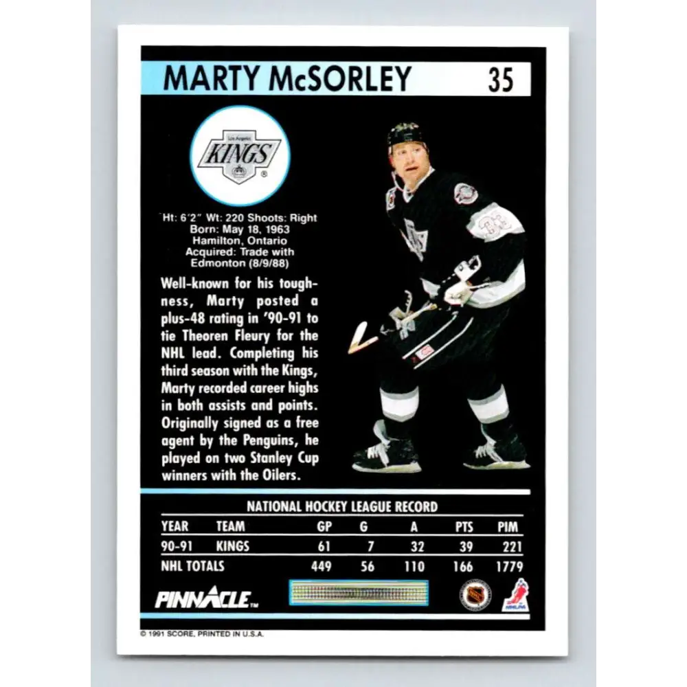 1991-92 Pinnacle #35 Marty McSorley NM-MT Los Angeles Kings Hockey Card Image 2