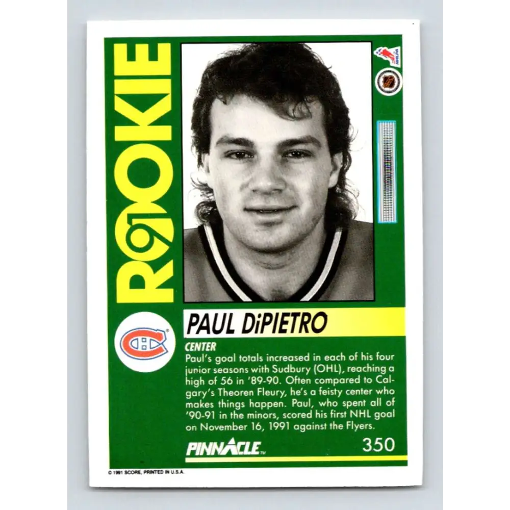 1991-92 Pinnacle #350 Paul DiPietro NM-MT RC Rookie Montreal Canadiens Hockey Card Image 2