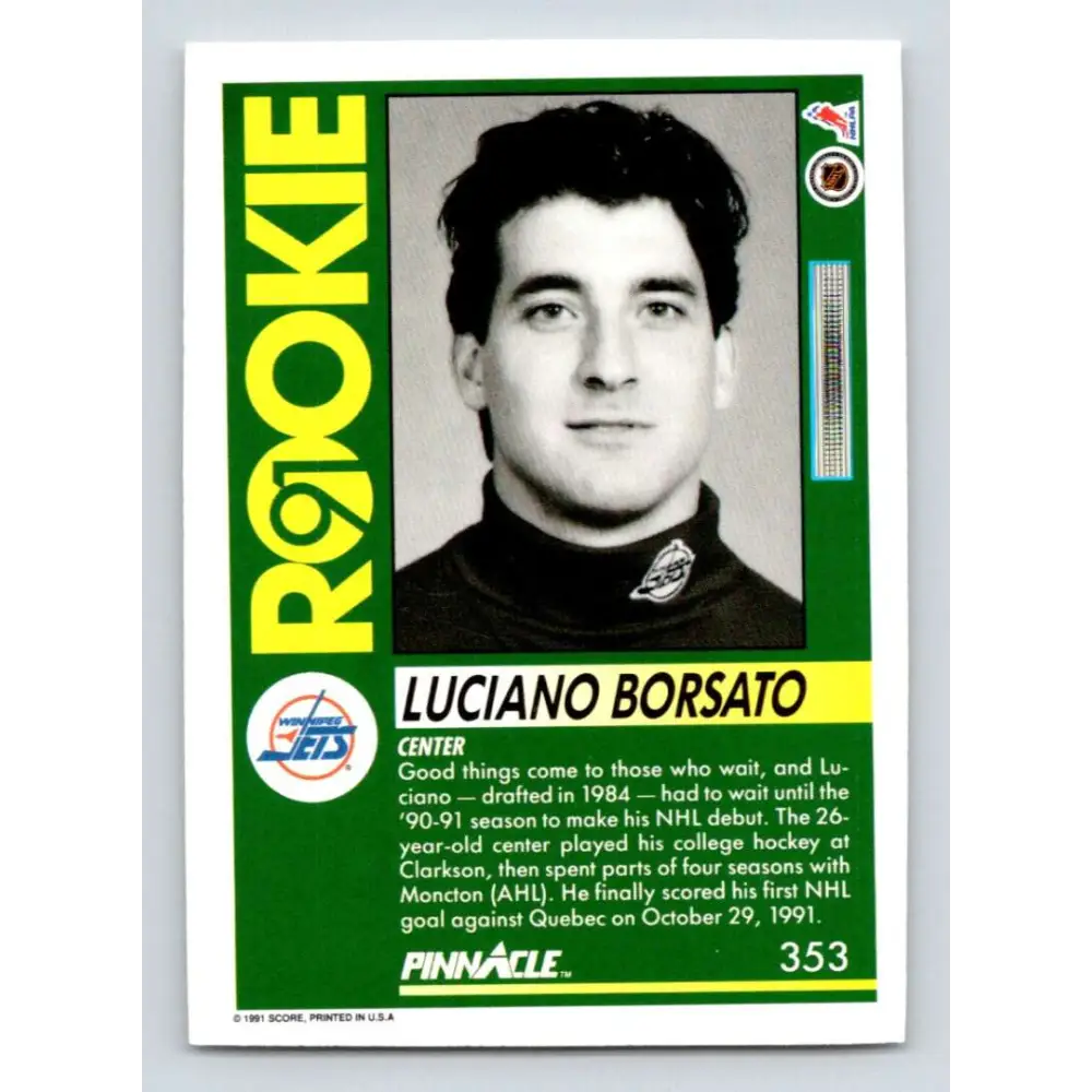 1991-92 Pinnacle #353 Luciano Borsato NM-MT RC Rookie Winnipeg Jets Hockey Card Image 2