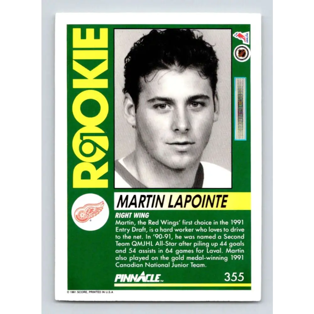 1991-92 Pinnacle #355 Martin Lapointe NM-MT Detroit Red Wings Hockey Card Image 2