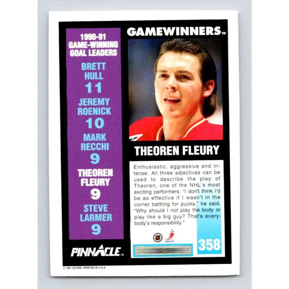 1991-92 Pinnacle #358 Theo Fleury NM-MT Calgary Flames Hockey Card Image 2