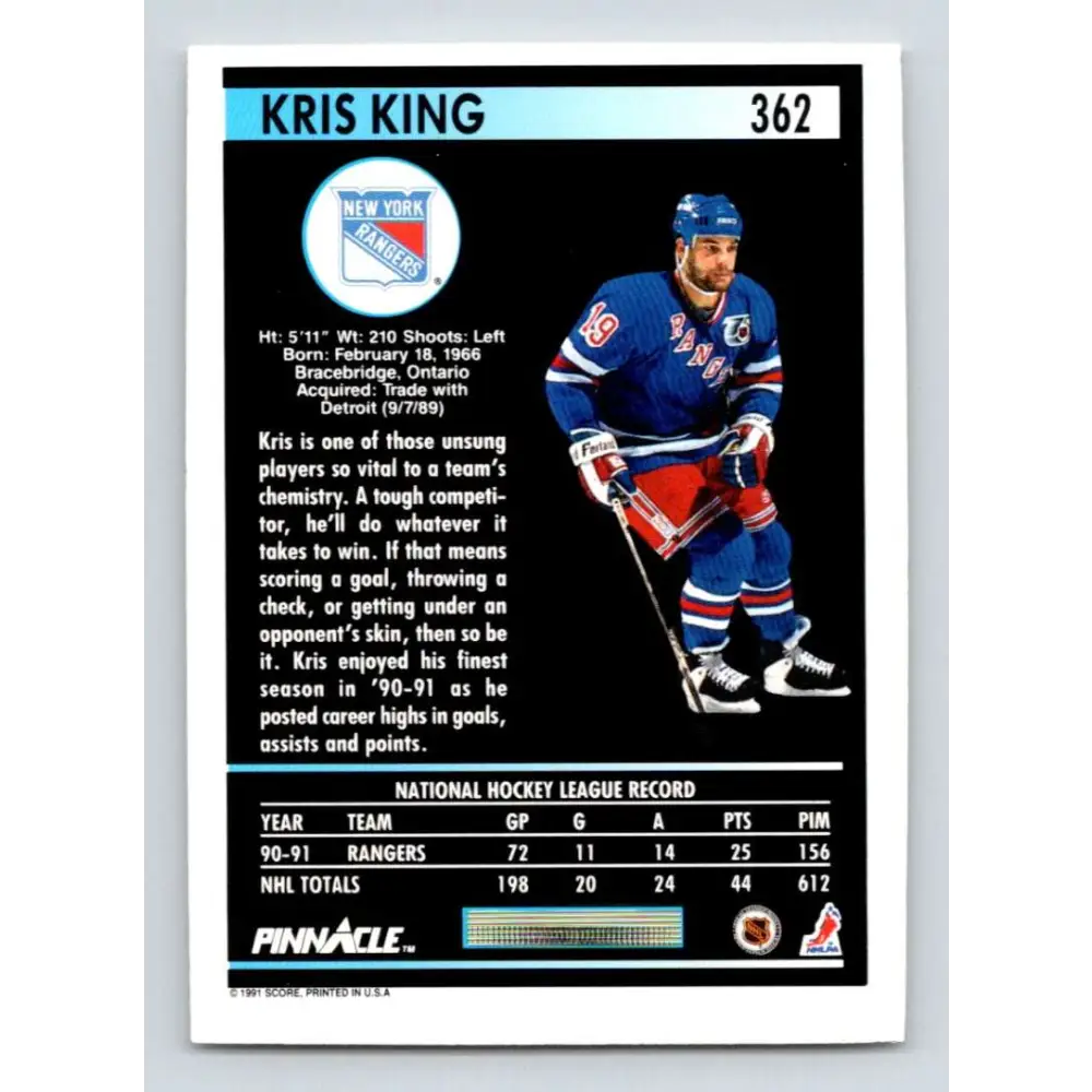 1991-92 Pinnacle #362 Kris King NM-MT New York Rangers Hockey Card Image 2