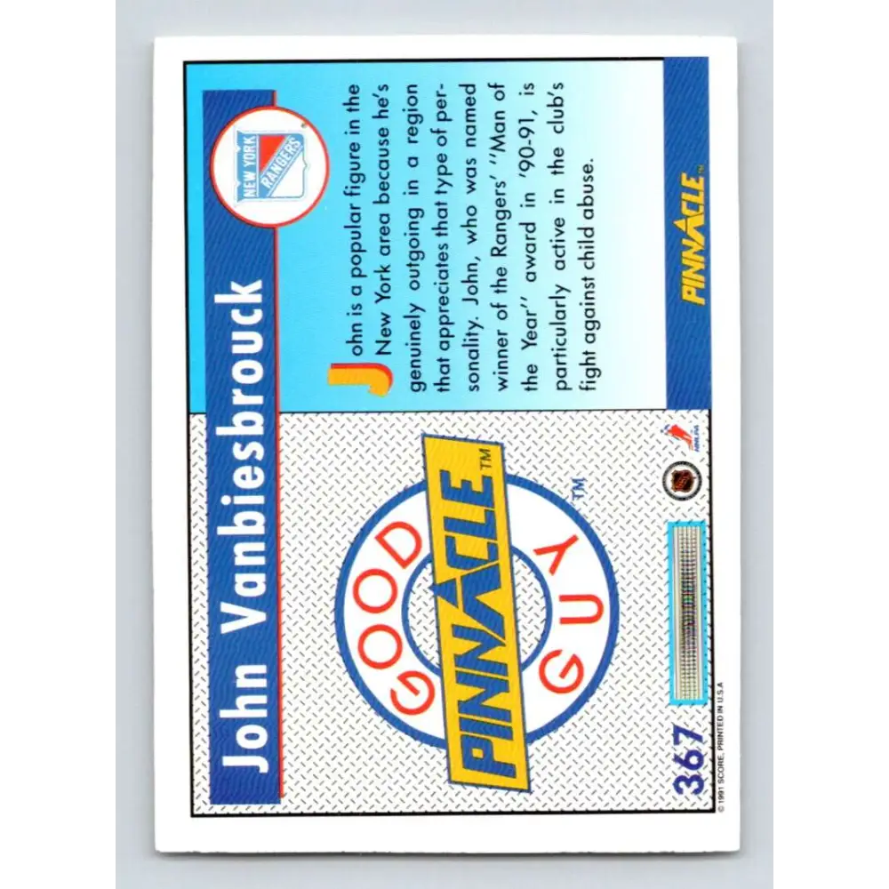 1991-92 Pinnacle #367 John Vanbiesbrouck GG NM-MT New York Rangers Hockey Card Image 2