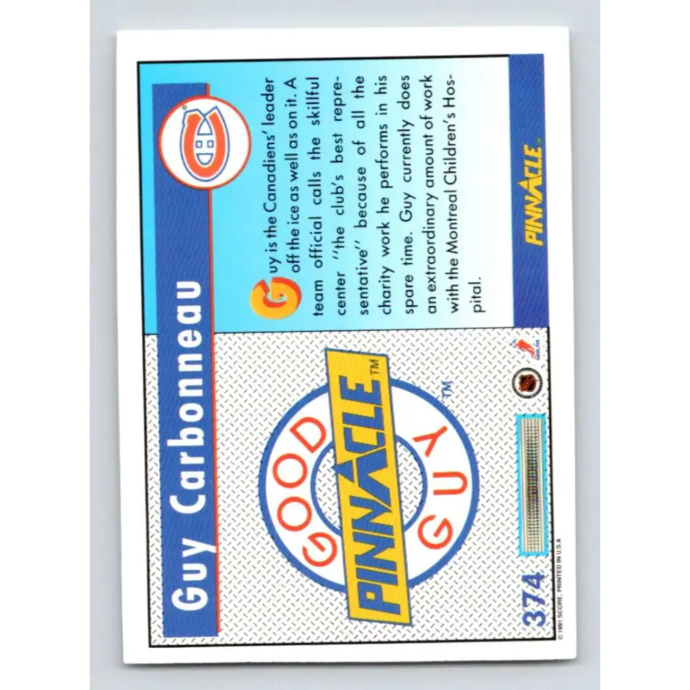 1991-92 Pinnacle #374 Guy Carbonneau GG NM-MT Montreal Canadiens Hockey Card Image 2