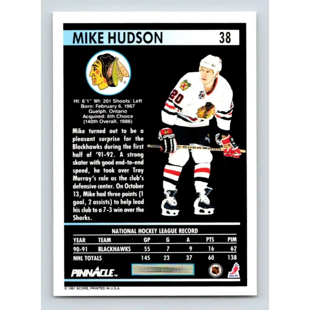 1991-92 Pinnacle #38 Mike Hudson NM-MT Chicago Blackhawks Hockey Card Image 2