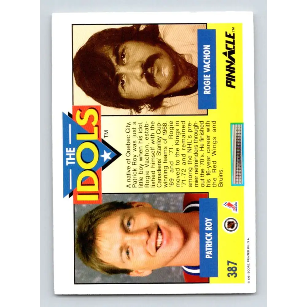 1991-92 Pinnacle #387 Rogie Vachon/Patrick Roy NM-MT Montreal Canadiens Hockey Card Image 2