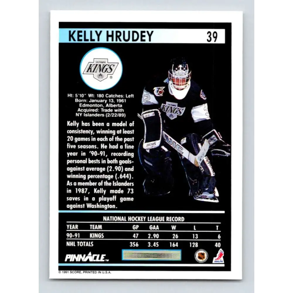 1991-92 Pinnacle #39 Kelly Hrudey NM-MT Los Angeles Kings Hockey Card Image 2