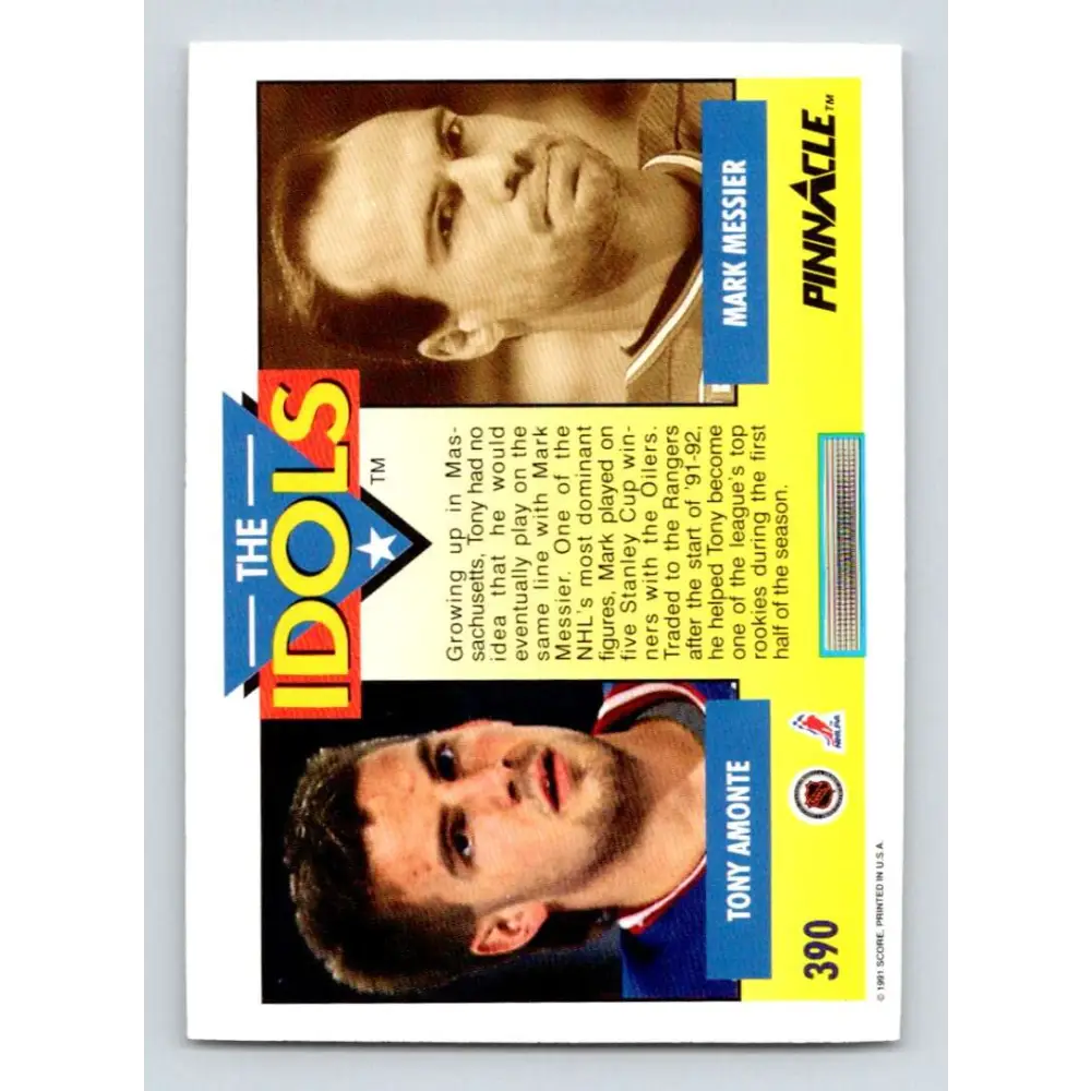 1991-92 Pinnacle #390 Tony Amonte/Mark Messier NM-MT New York Rangers Hockey Card Image 2