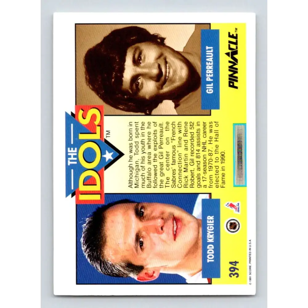 1991-92 Pinnacle #394 Todd Krygier/Gilbert Perrault NM-MT Washington Capitals Hockey Card Image 2