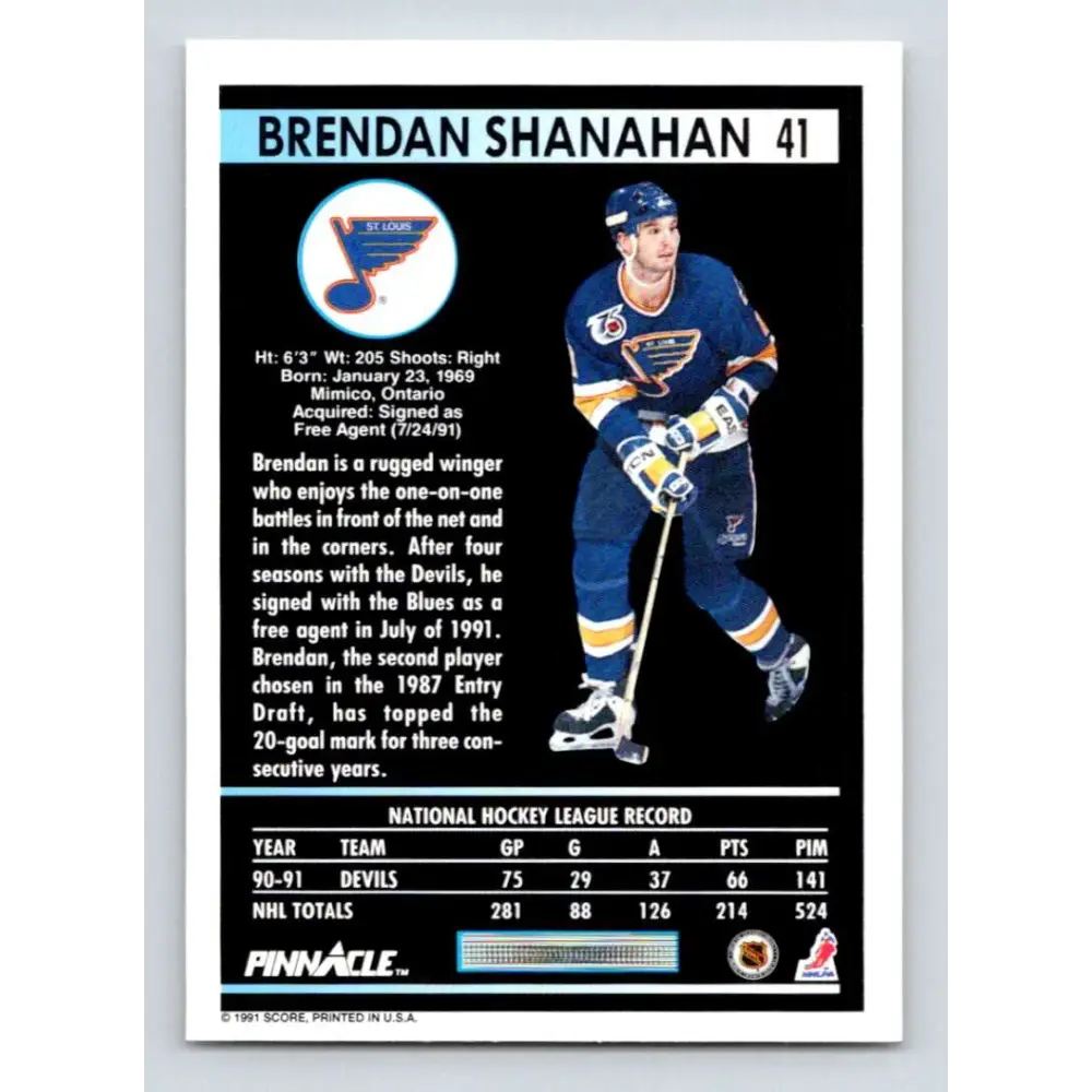 1991-92 Pinnacle #41 Brendan Shanahan NM-MT St. Louis Blues Hockey Card Image 2