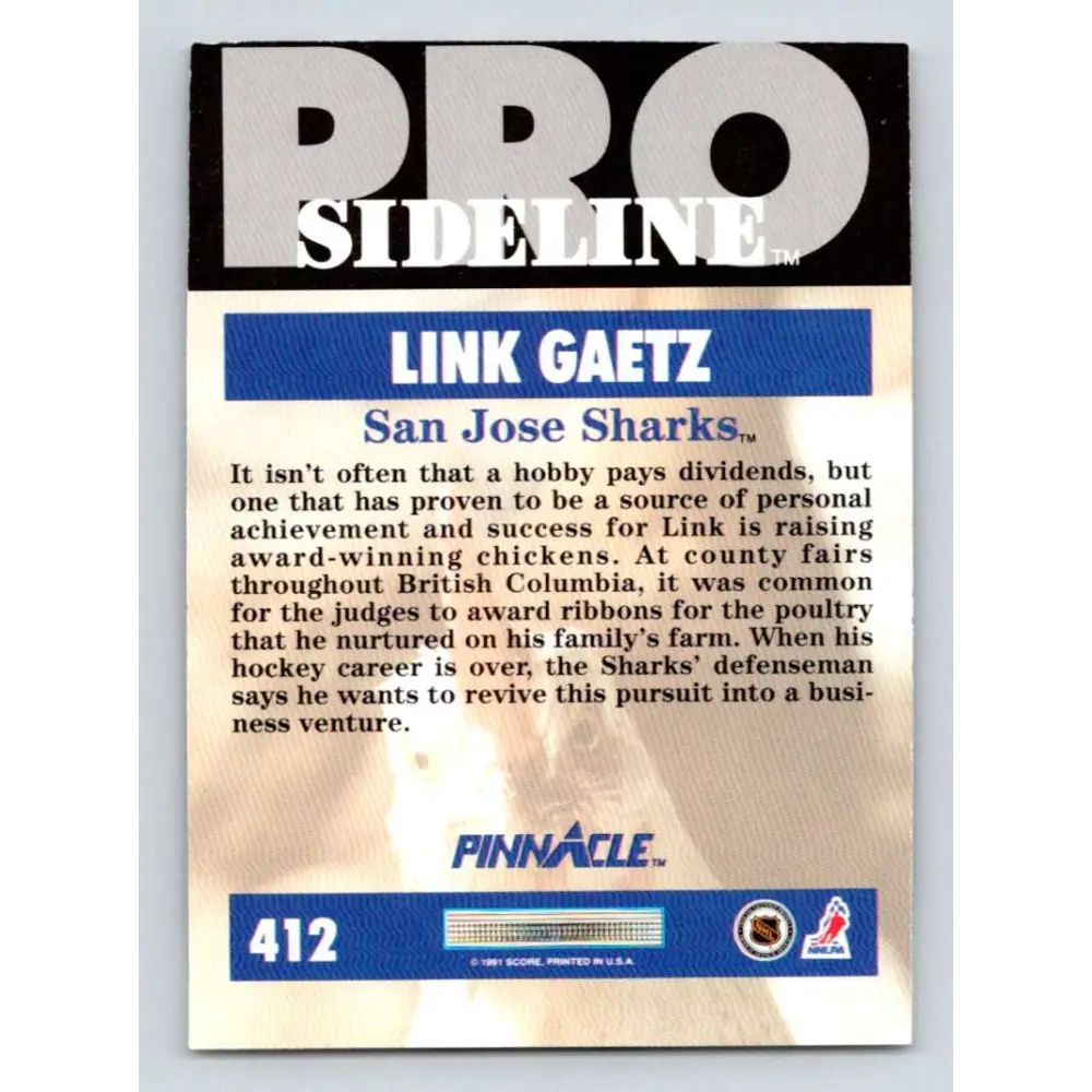 1991-92 Pinnacle #412 Link Gaetz SL NM-MT San Jose Sharks Hockey Card Image 2