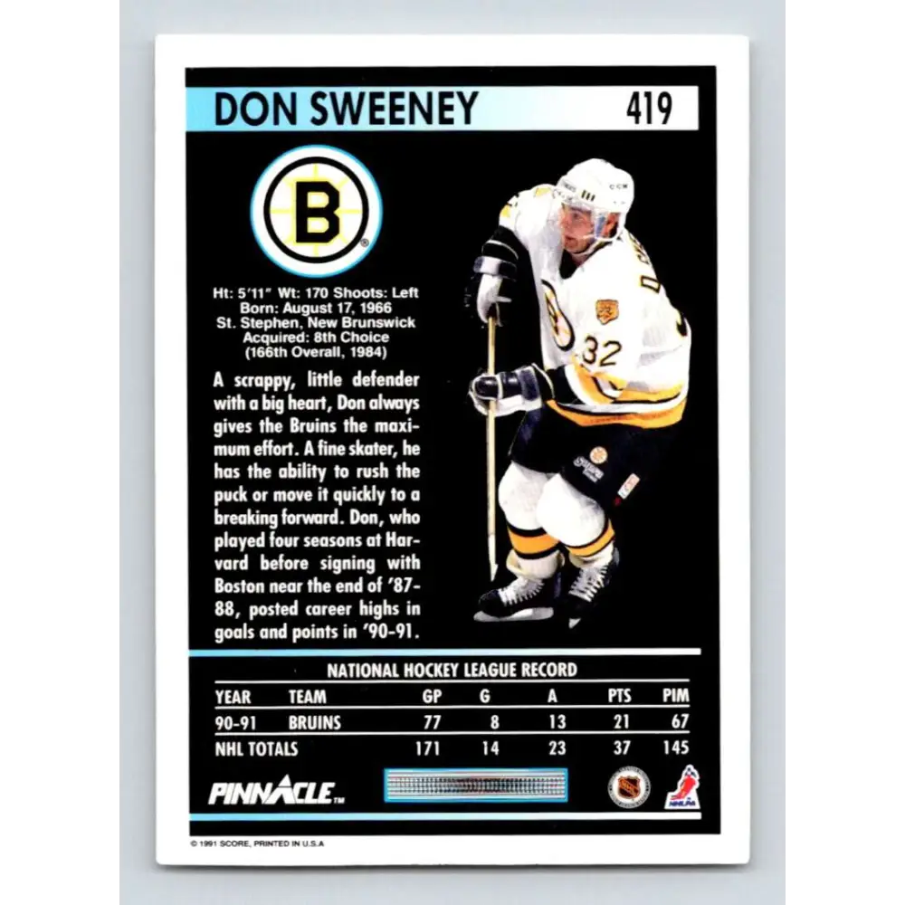 1991-92 Pinnacle #419 Don Sweeney NM-MT Boston Bruins Hockey Card Image 2