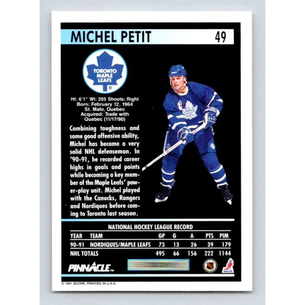 1991-92 Pinnacle #49 Michel Petit NM-MT Toronto Maple Leafs Hockey Card Image 2