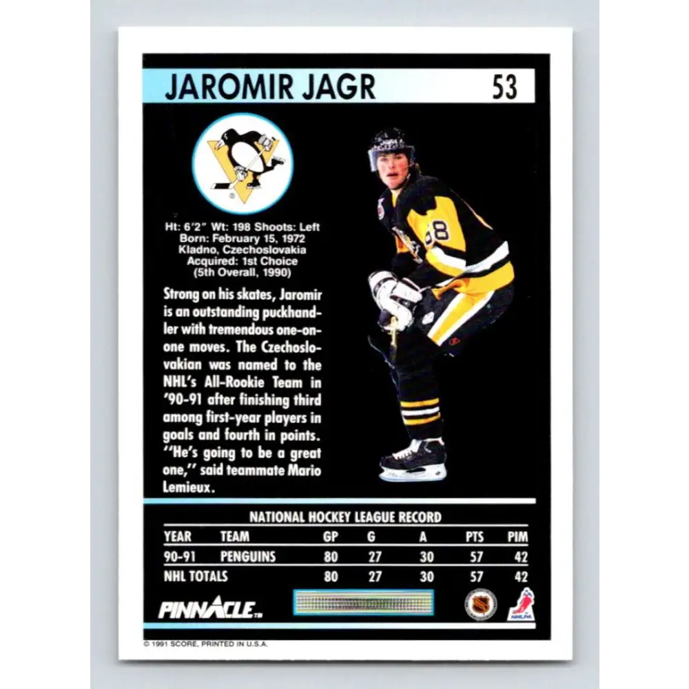 1991-92 Pinnacle #53 Jaromir Jagr NM-MT Pittsburgh Penguins Hockey Card Image 2