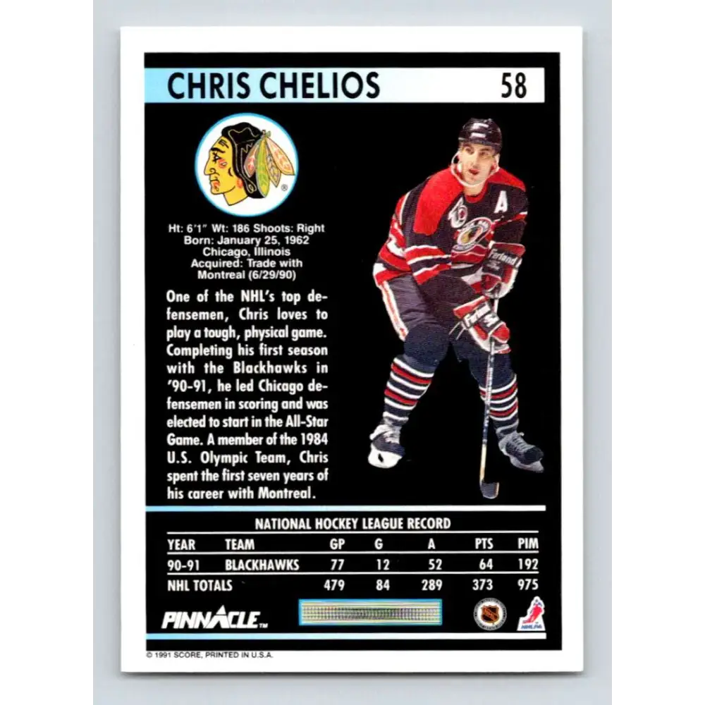 1991-92 Pinnacle #58 Chris Chelios NM-MT Chicago Blackhawks Hockey Card Image 2