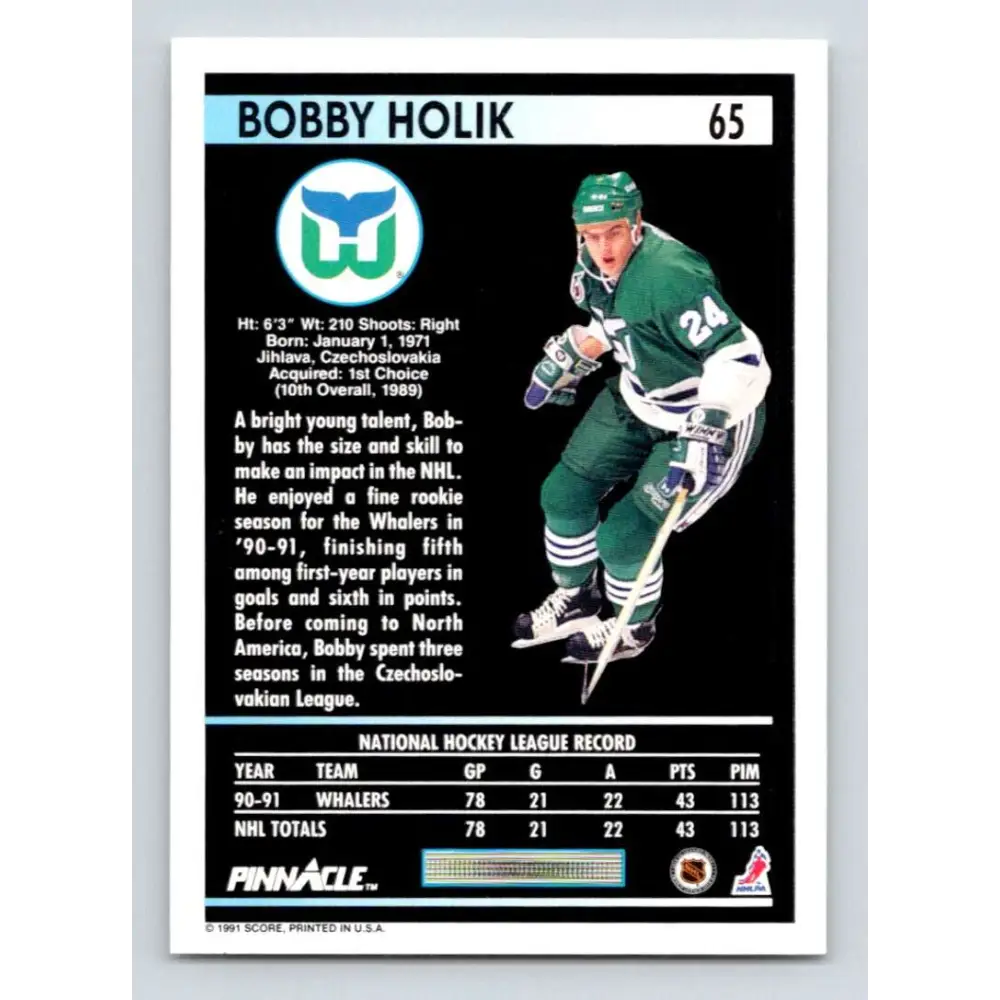 1991-92 Pinnacle #65 Bobby Holik NM-MT Hartford Whalers Hockey Card Image 2