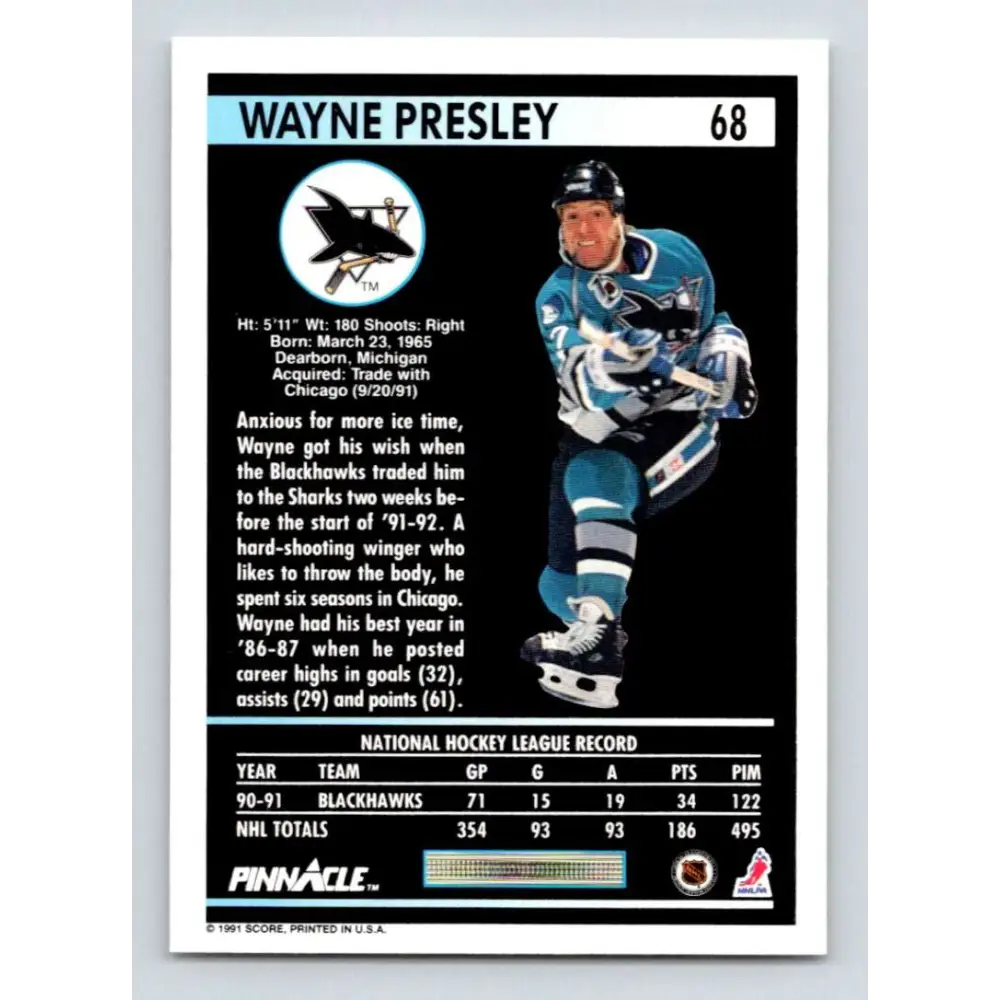 1991-92 Pinnacle #68 Wayne Presley NM-MT San Jose Sharks Hockey Card Image 2