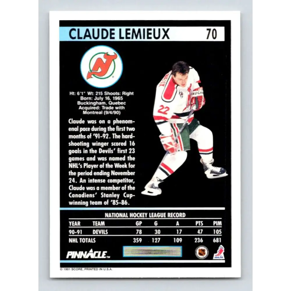 1991-92 Pinnacle #70 Claude Lemieux NM-MT New Jersey Devils Hockey Card Image 2