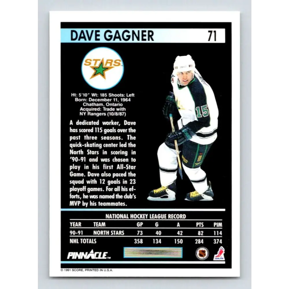 1991-92 Pinnacle #71 Dave Gagner NM-MT Minnesota North Stars Hockey Card Image 2