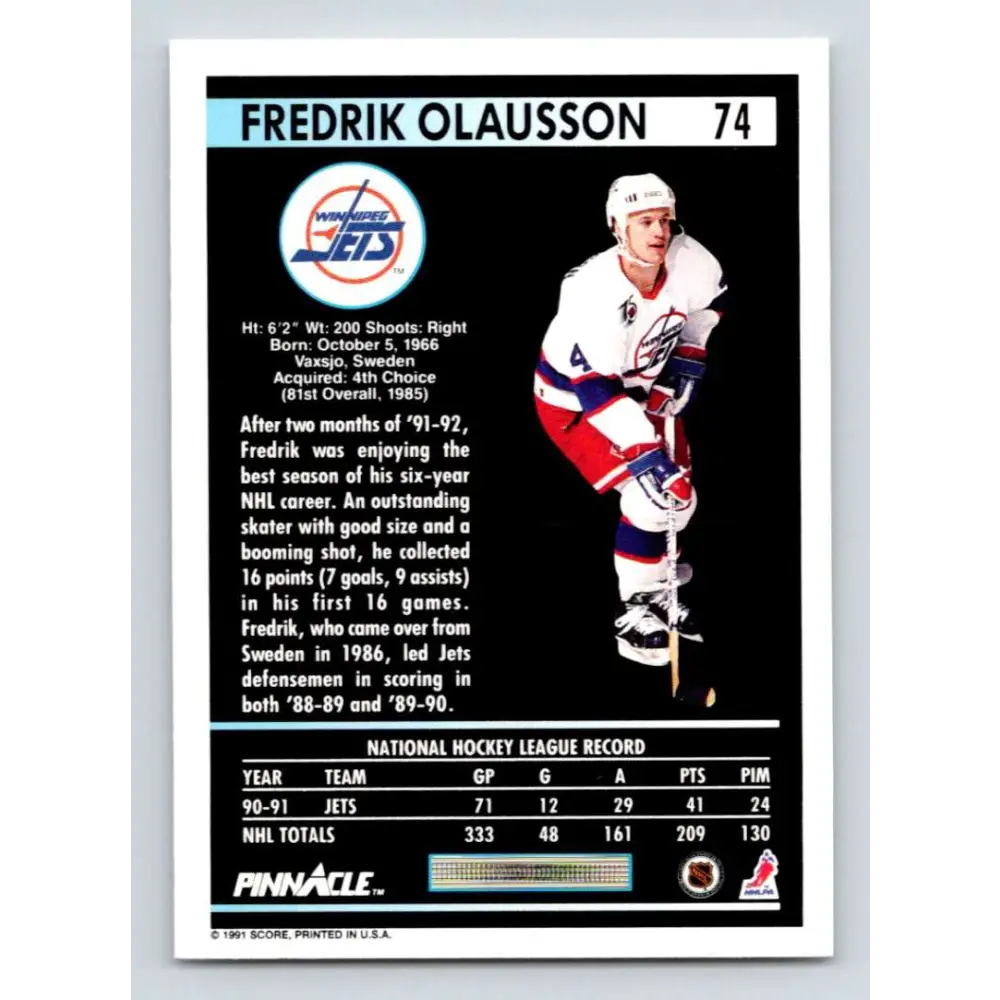 1991-92 Pinnacle #74 Fredrik Olausson NM-MT Winnipeg Jets Hockey Card Image 2