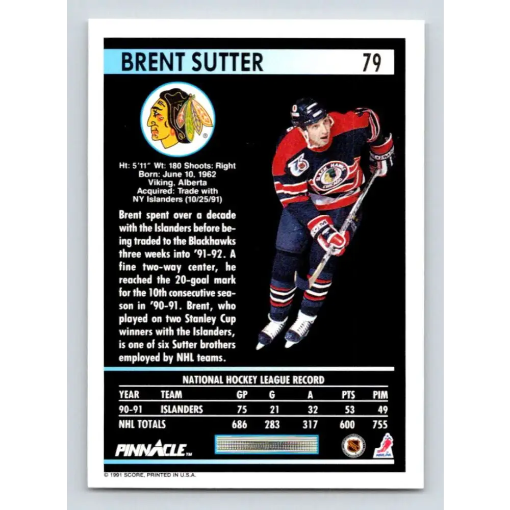 1991-92 Pinnacle #79 Brent Sutter NM-MT Chicago Blackhawks Hockey Card Image 2