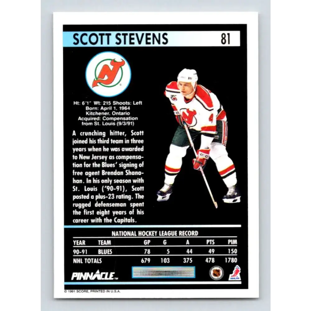 1991-92 Pinnacle #81 Scott Stevens NM-MT New Jersey Devils Hockey Card Image 2