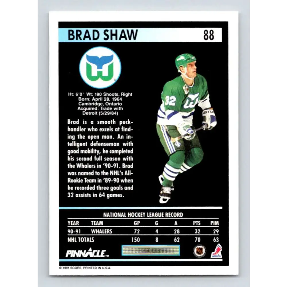 1991-92 Pinnacle #88 Brad Shaw NM-MT Hartford Whalers Hockey Card Image 2