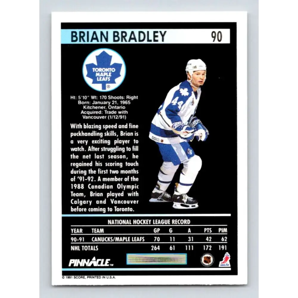 1991-92 Pinnacle #90 Brian Bradley NM-MT Toronto Maple Leafs Hockey Card Image 2
