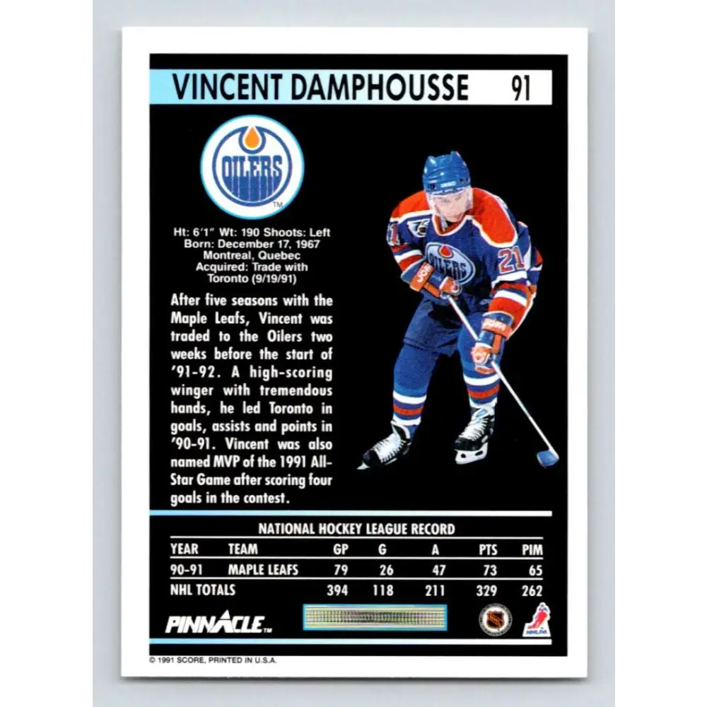 1991-92 Pinnacle #91 Vincent Damphousse NM-MT Edmonton Oilers Hockey Card Image 2