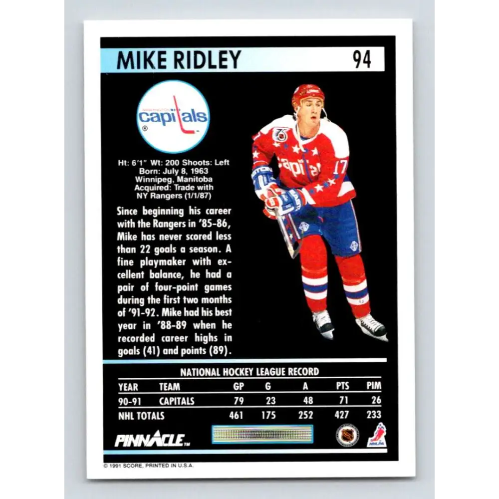1991-92 Pinnacle #94 Mike Ridley NM-MT Washington Capitals Hockey Card Image 2