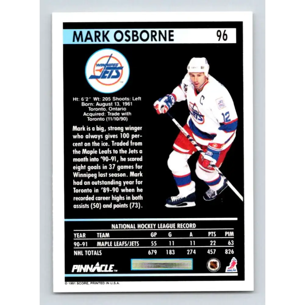 1991-92 Pinnacle #96 Mark Osborne NM-MT Winnipeg Jets Hockey Card Image 2