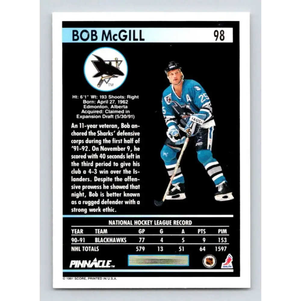 1991-92 Pinnacle #98 Bob McGill NM-MT San Jose Sharks Hockey Card Image 2