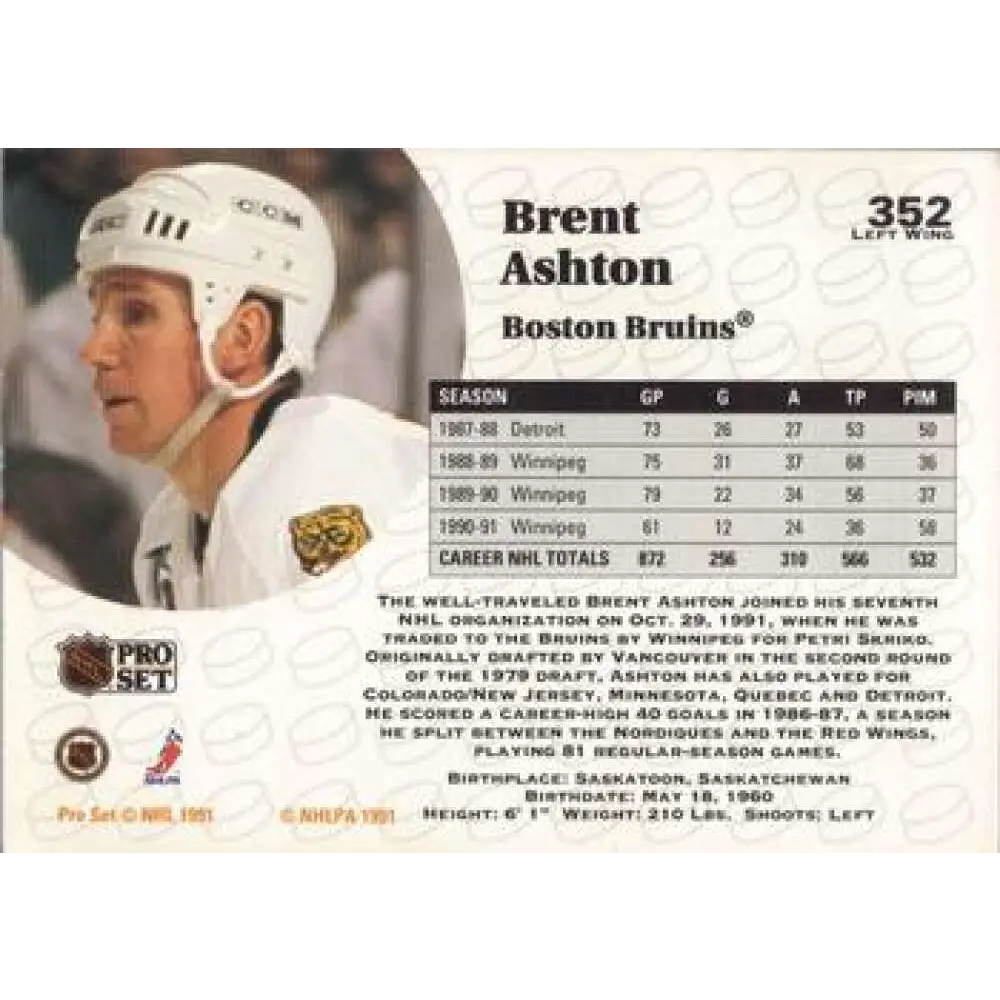 1991-92 Pro Set #352 Brent Ashton NM-MT Boston Bruins Hockey Card Image 2
