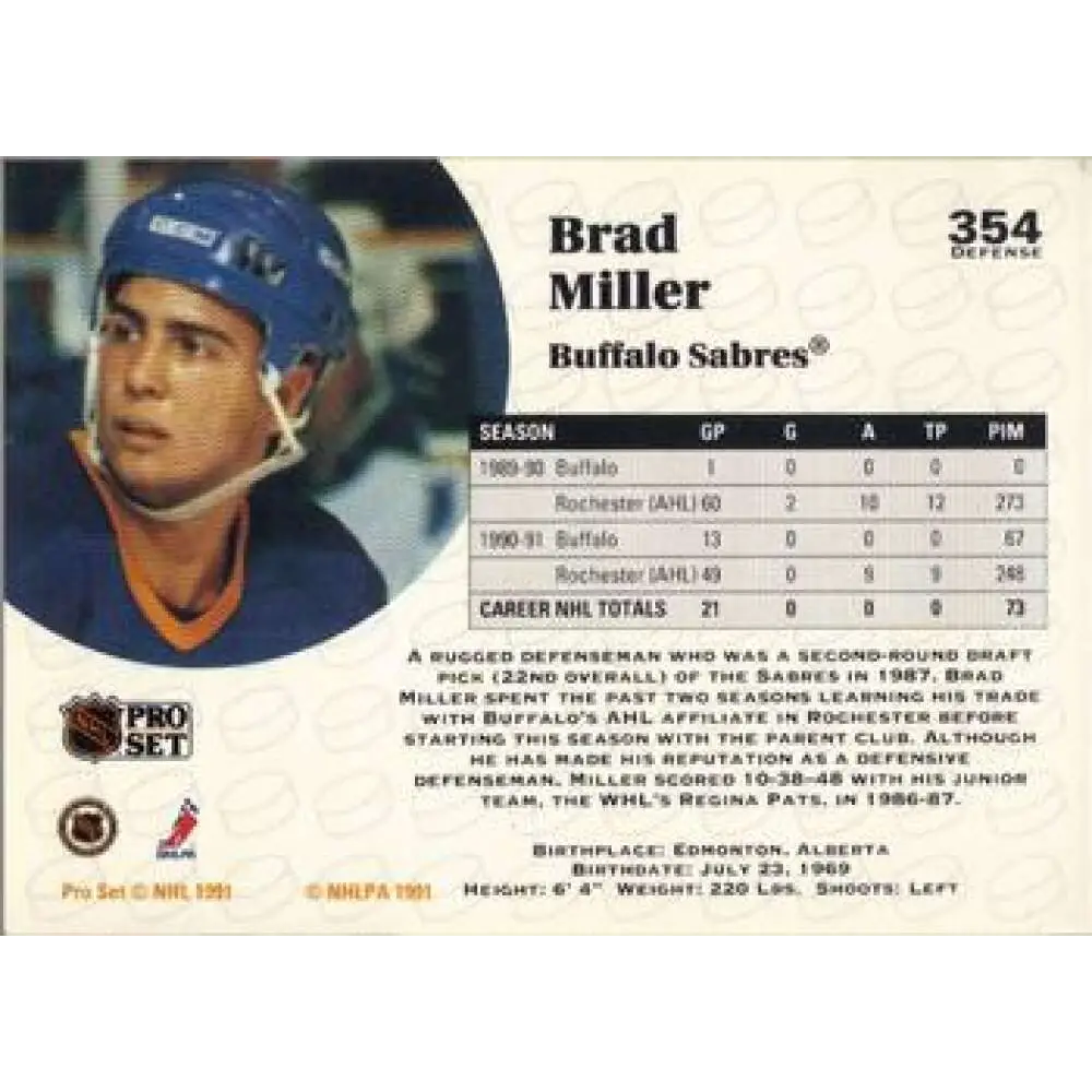 1991-92 Pro Set #354 Brad Miller NM-MT Buffalo Sabres Hockey Card Image 2