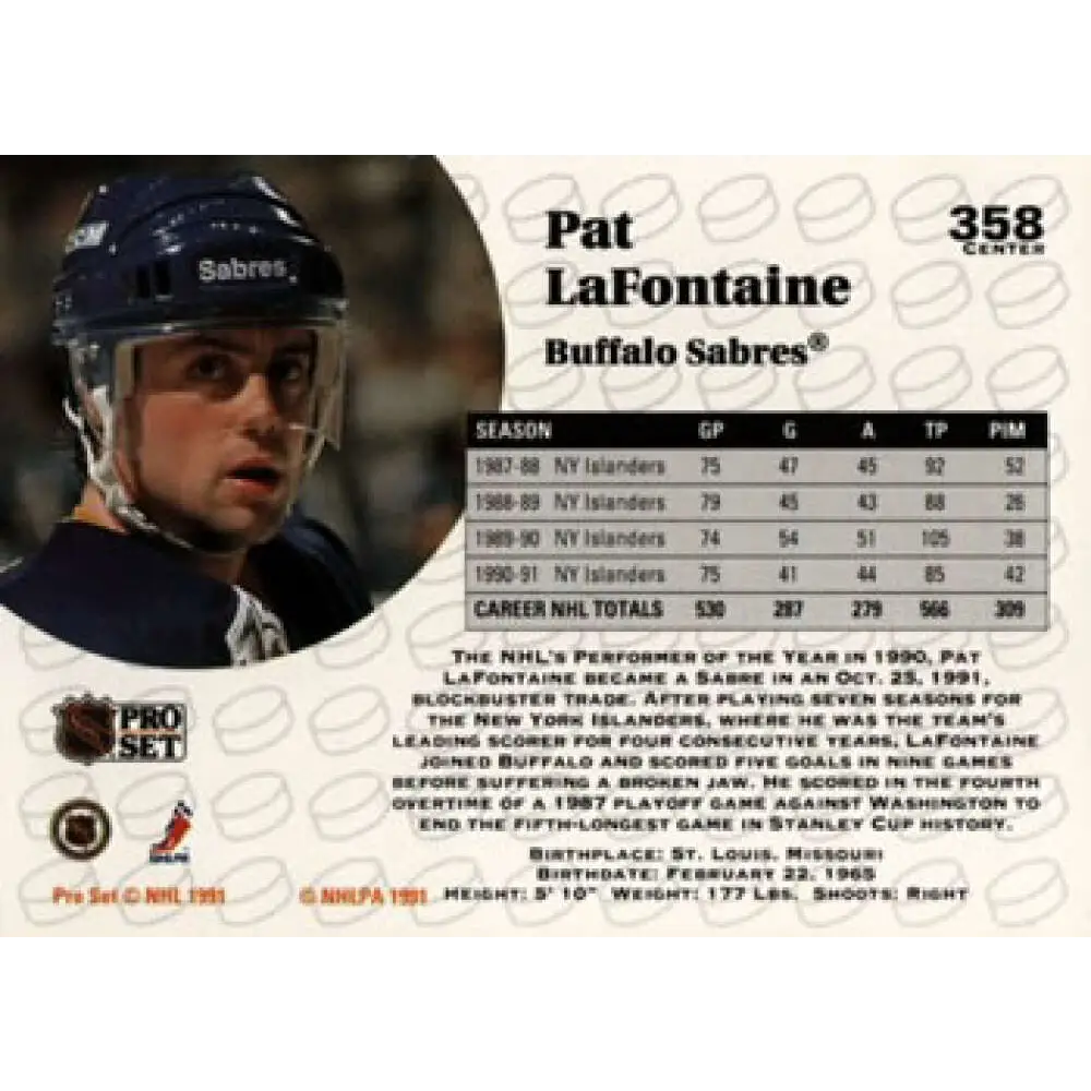 1991-92 Pro Set #358 Pat LaFontaine NM-MT Buffalo Sabres Hockey Card Image 2