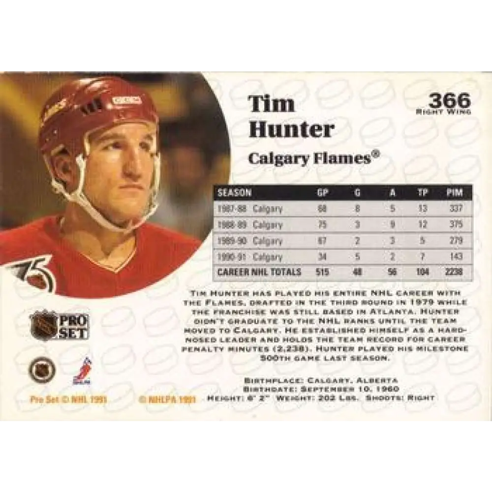1991-92 Pro Set #366 Tim Hunter NM-MT Calgary Flames Hockey Card Image 2