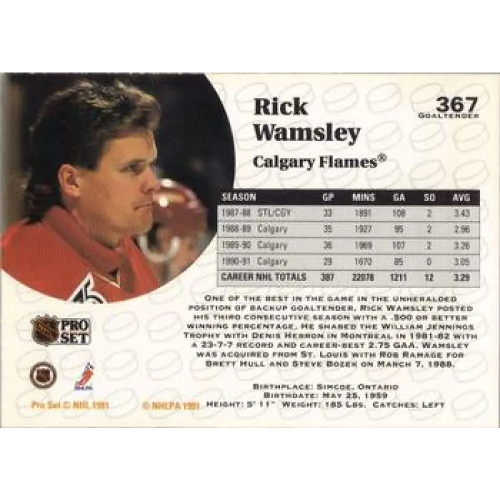 1991-92 Pro Set #367 Rick Wamsley NM-MT Calgary Flames Hockey Card Image 2