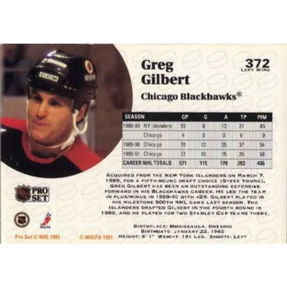 1991-92 Pro Set #372 Greg Gilbert NM-MT Chicago Blackhawks Hockey Card Image 2