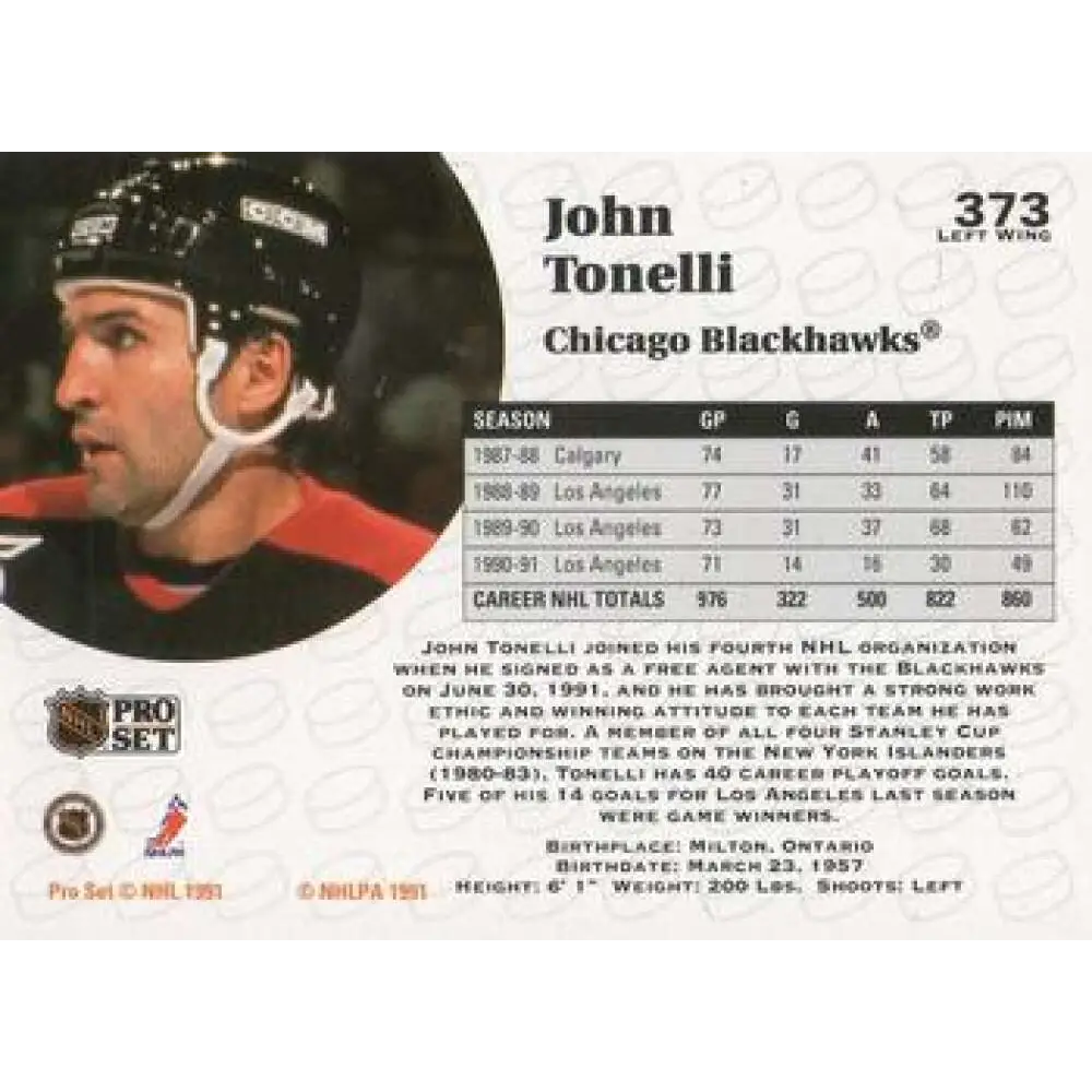 1991-92 Pro Set #373 John Tonelli NM-MT Chicago Blackhawks Hockey Card Image 2