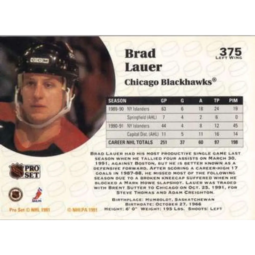 1991-92 Pro Set #375 Brad Lauer NM-MT Chicago Blackhawks Hockey Card Image 2